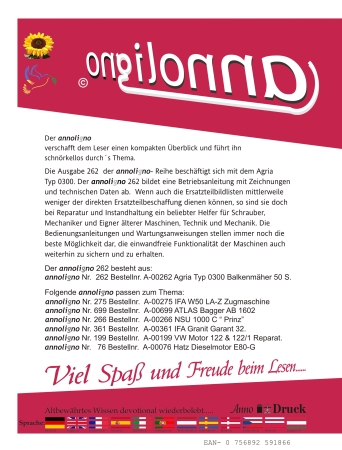 Agria Balkenmäher/Mähmaschine Typ 0300 Bild- Bedienungsanleitung & technischen Daten - annoligno 262